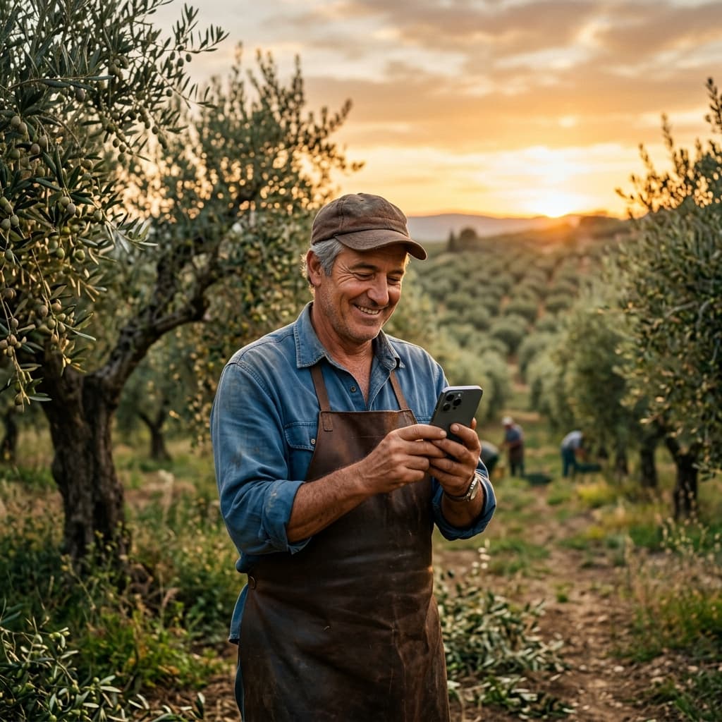 Agricultor en olivar usando InagroSolutions en su móvil